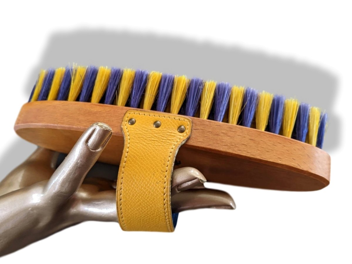 Hermes Pets Blue/Yellow Equistrian Leather/Wood/Silk HORSE BODY BRUSH - poupishop