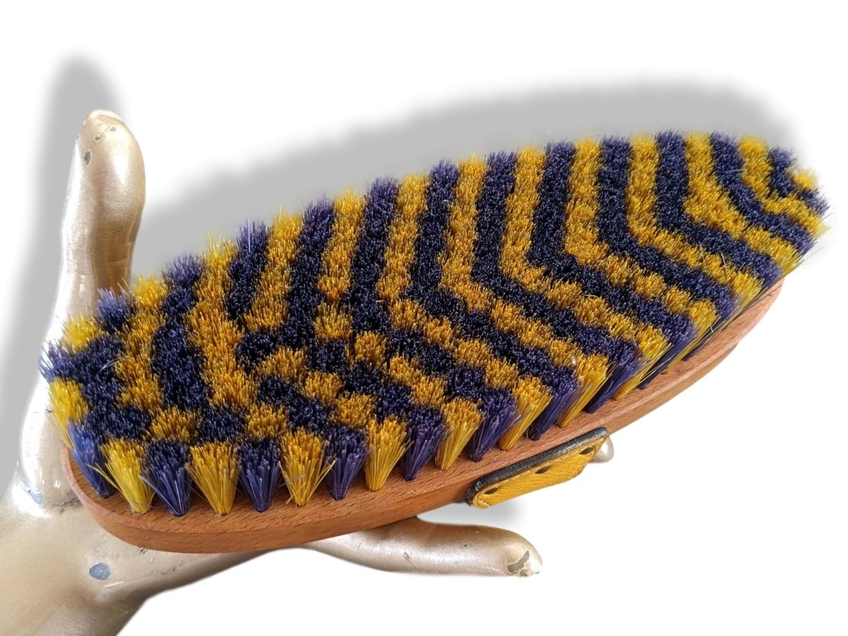 Hermes Pets Blue/Yellow Equistrian Leather/Wood/Silk HORSE BODY BRUSH - poupishop