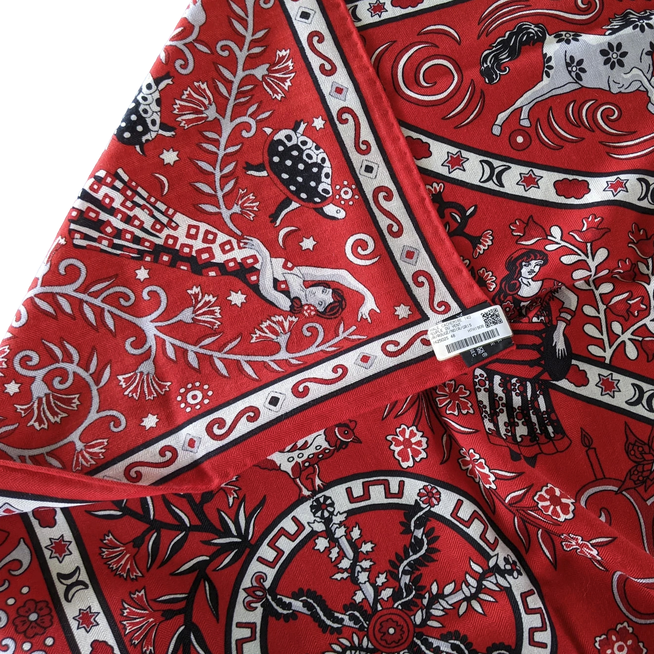 Hermes Rouge/Noir/Gris "Peuple du Vent" by Christine Henry Cashmere Shawl 140