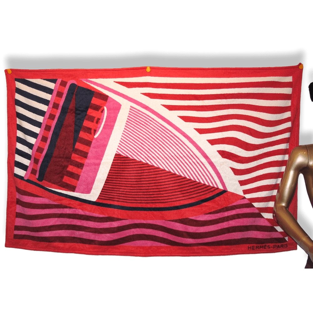 Hermes Pink Orange REPOS SUR L'EAU Boat Print Tapis de Plage Terry Beach Towel 150 x 90cm cm, NWT! - poupishop