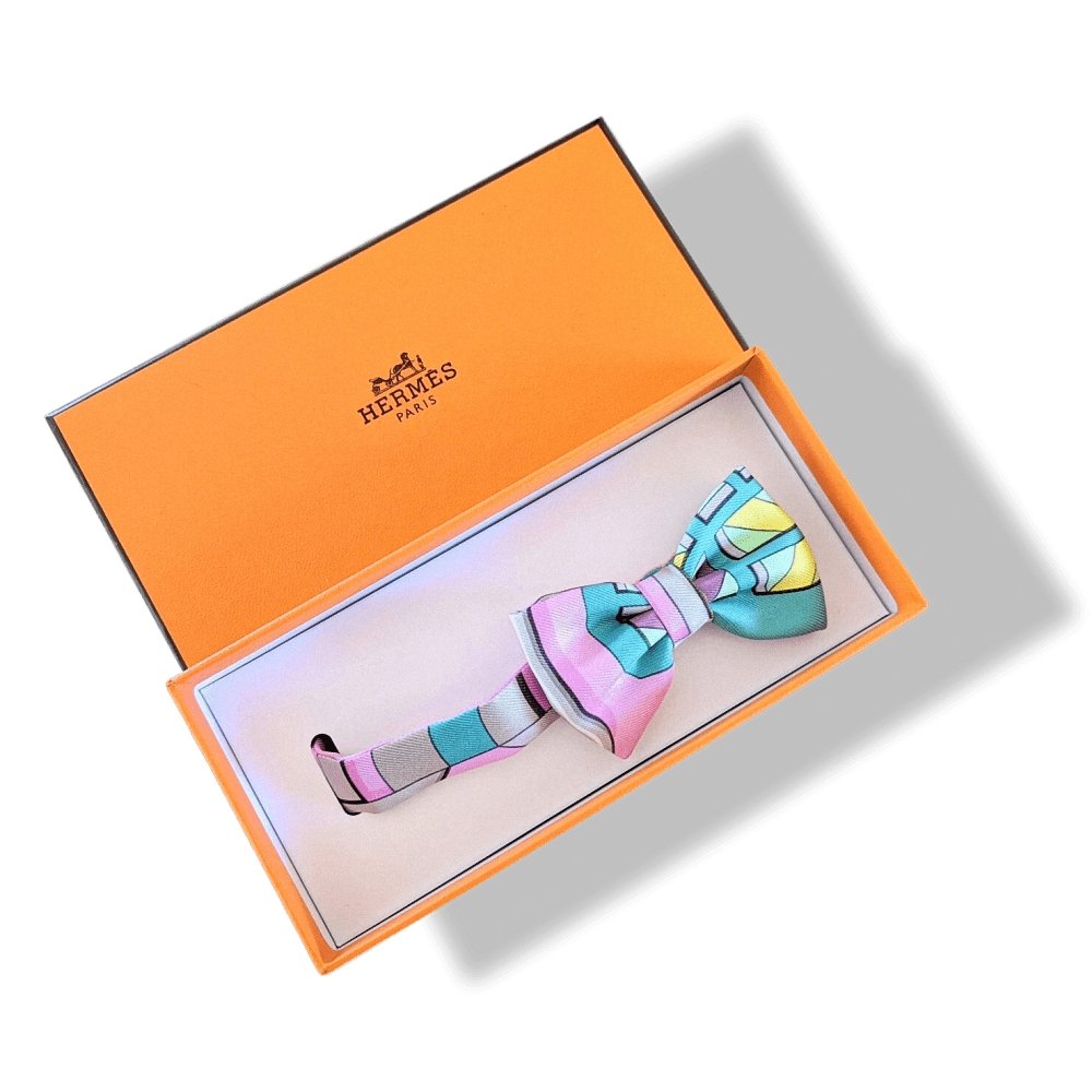 Hermes Pink Turquoise Yellow NOEUD PAPILLON EN CARRE Bow Tie for Woman Twill Silk, BNIB! - poupishop