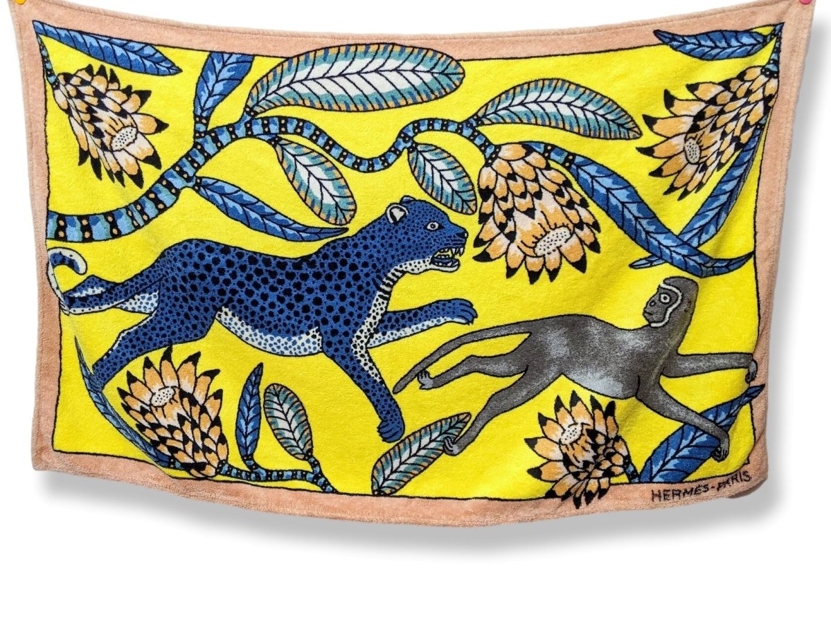 Hermes Pink/Yellow/Blue THE SAVANA DANCE by Ardmore Artists Tapis de Plage Terry Beach Towel 150 x 90cm cm, Rare Model! - poupishop