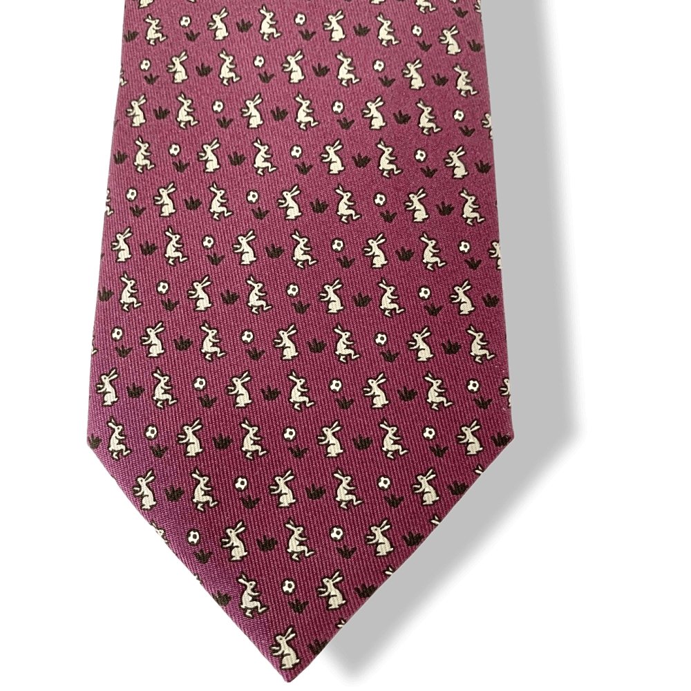 Hermes Plum Grey White Rabbits LAPIN Twill Silk Tie, NWT in Pochette! - poupishop