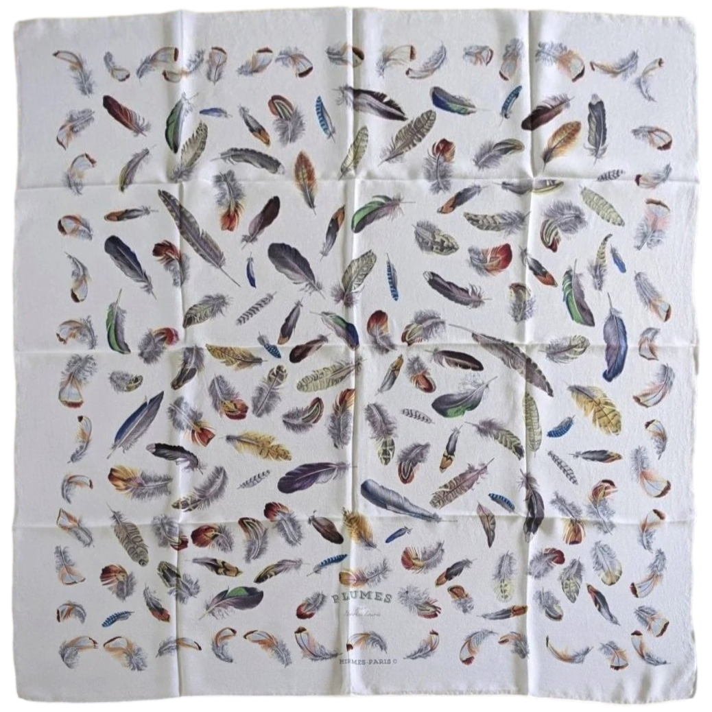 Hermes Vintage Blanc/Multi PLUMES by Henri de Linares Crepe of Silk 90cm