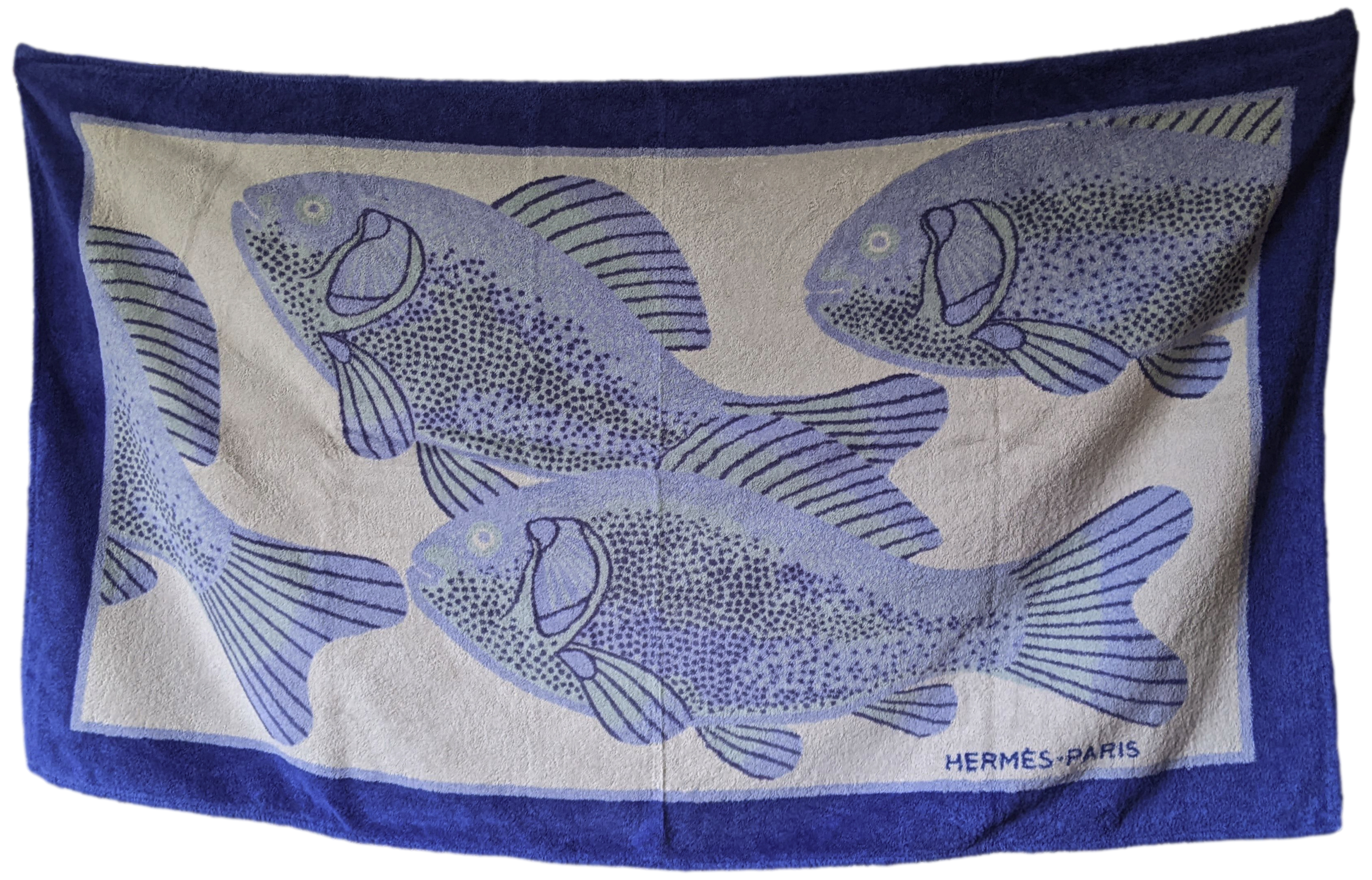Hermes Vintage Gris/Bleu "Poissons" Cotton Terry Horses Beach Towel 90 x 150 cm