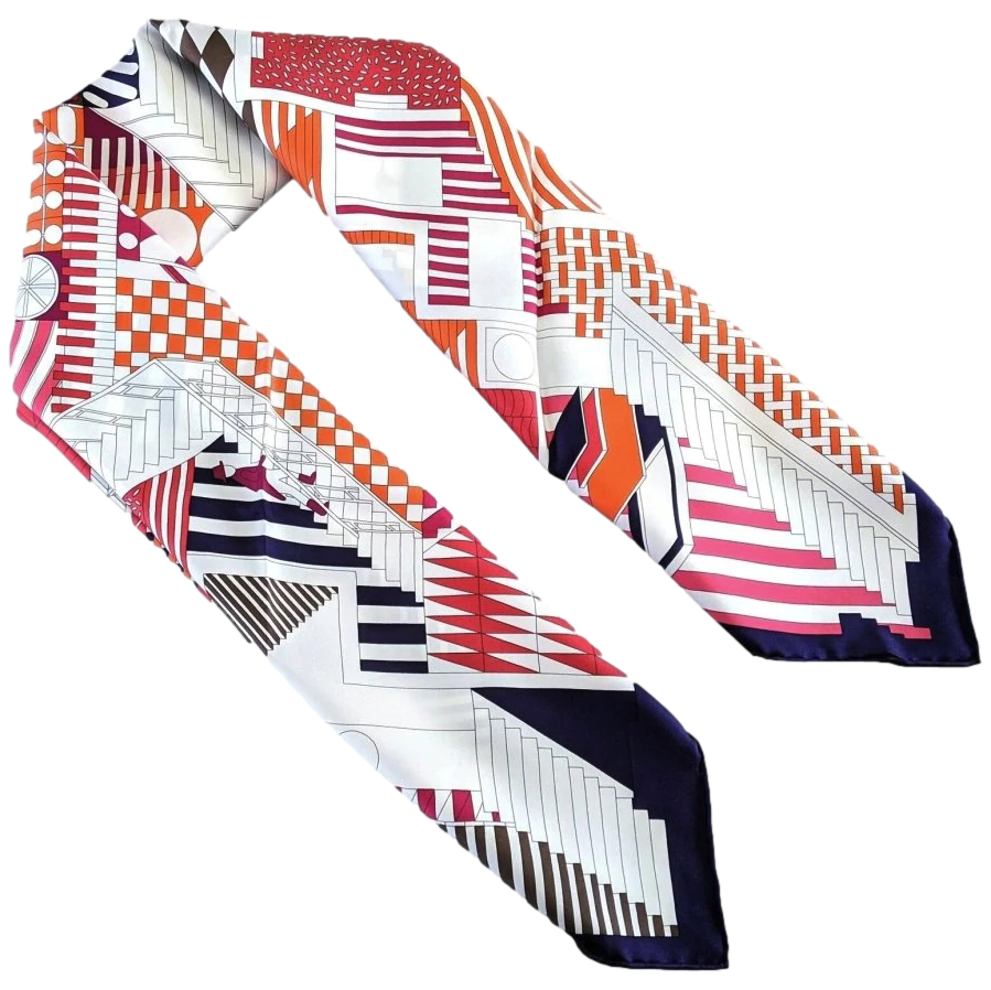 Hermes 2007 Caban/Blanc/Framboise PROMENADE AU FAUBOURG by Nigel Peake Twill Scarf 90cm