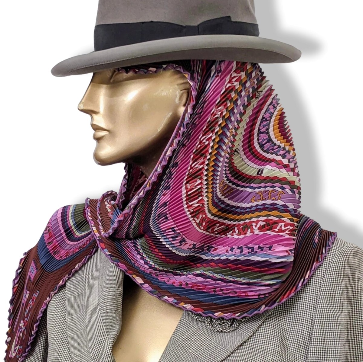 Hermes Purple/Rose/Green TOHU BOHU Pleated Plisse Twill 90cm, Box! - poupishop