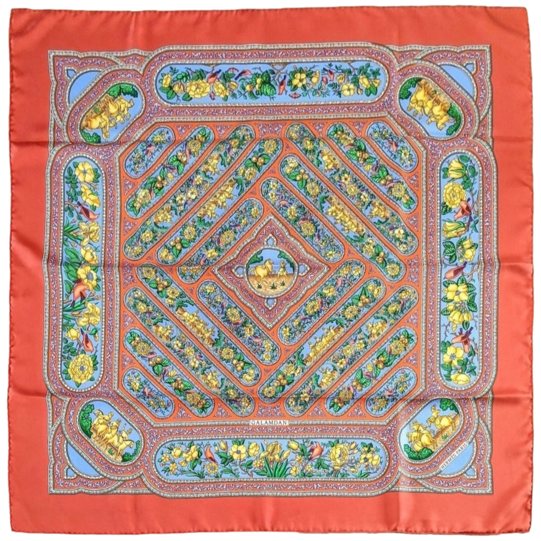 Hermes 2000 Coquelicot/Bleu QALAMDAN by Catherine Baschet Twill 90cm