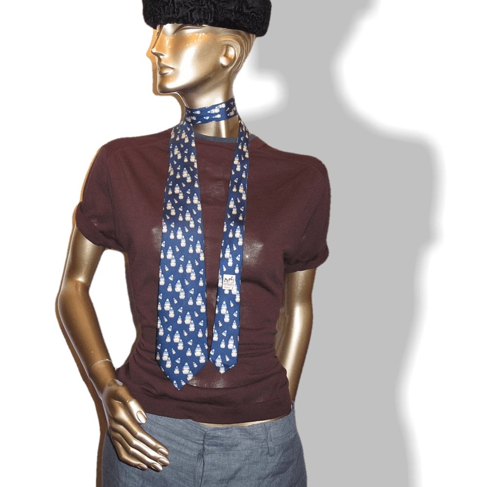 Hermes Rare Vintage Blue Poupees Russes Matriochkas Doll Twill Silk Tie 7529 IA - poupishop
