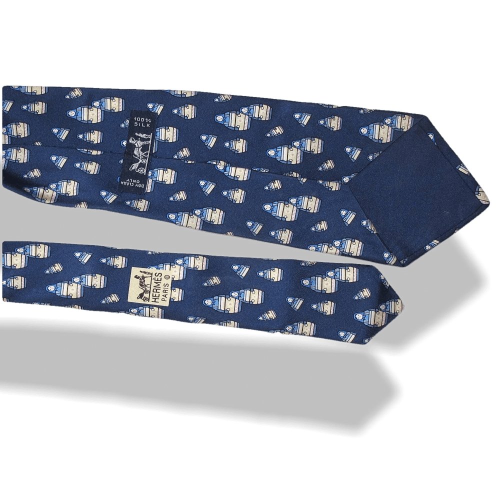 Hermes Rare Vintage Blue Poupees Russes Matriochkas Doll Twill Silk Tie 7529 IA - poupishop