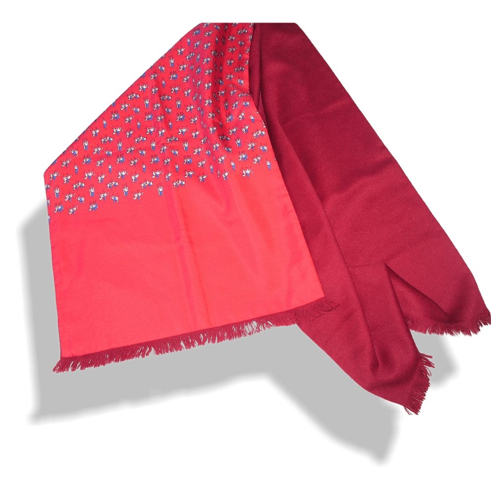 Hermes Raspberry Burgundy Equistrian 100% Silk and Angora Fringed Stole 17"x 57", New! - poupishop