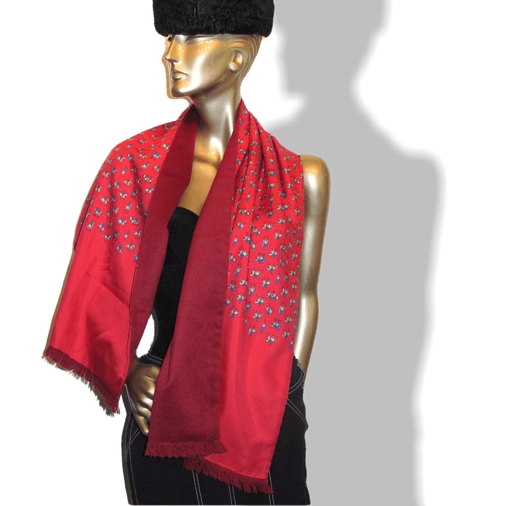 Hermes Raspberry Burgundy Equistrian 100% Silk and Angora Fringed Stole 17"x 57", New! - poupishop