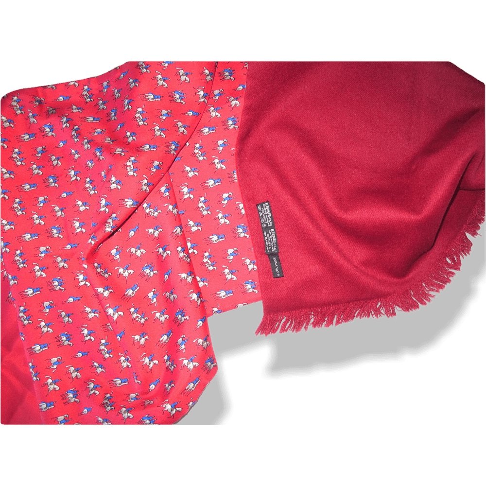 Hermes Raspberry Burgundy Equistrian 100% Silk and Angora Fringed Stole 17"x 57", New! - poupishop