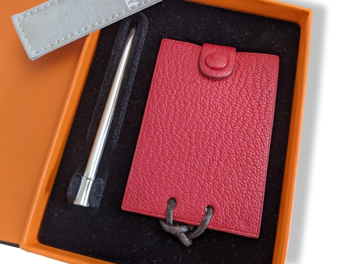 Hermes Red Chevre Mysore Goat Leather Notepad Pendant with Silver Criterium Pencil, BNIB! - poupishop