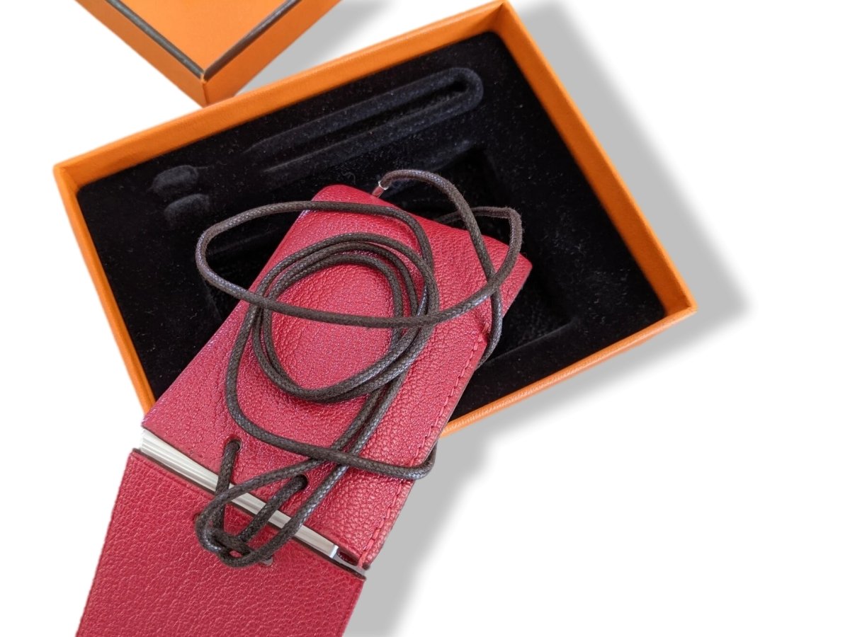 Hermes Red Chevre Mysore Goat Leather Notepad Pendant with Silver Criterium Pencil, BNIB! - poupishop