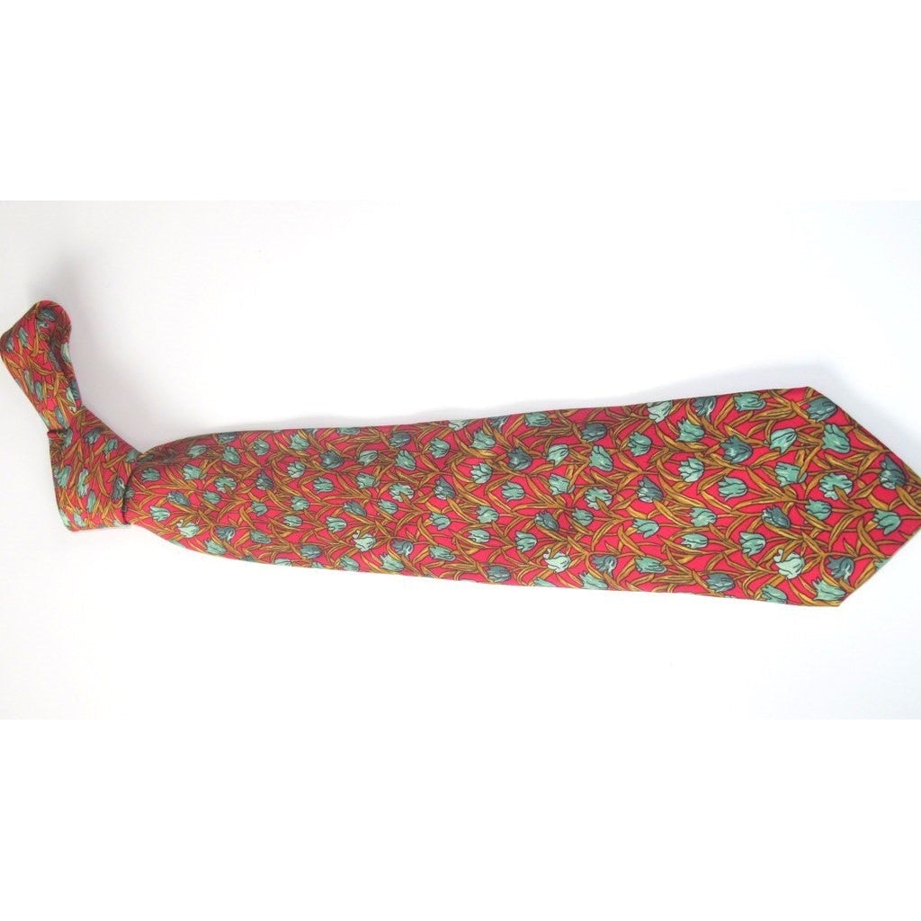 Hermes Red Flowers Twill Silk Tie, Nr 7449 HA - poupishop