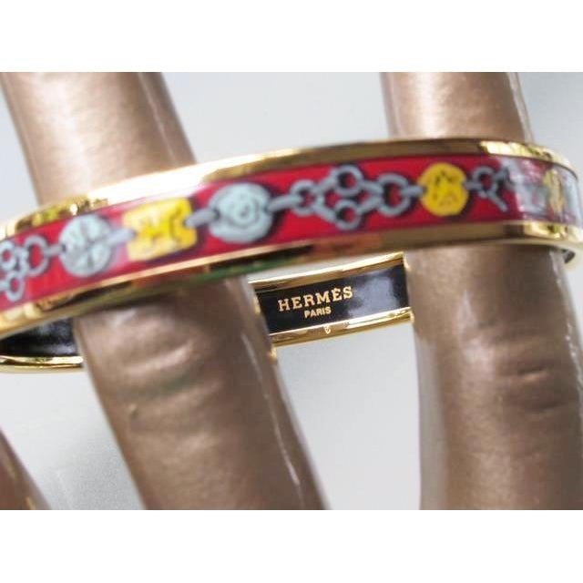 Hermes Red Gold Links Printed Enamel & Gold Trim Bangle Bracelet, NIB! - poupishop