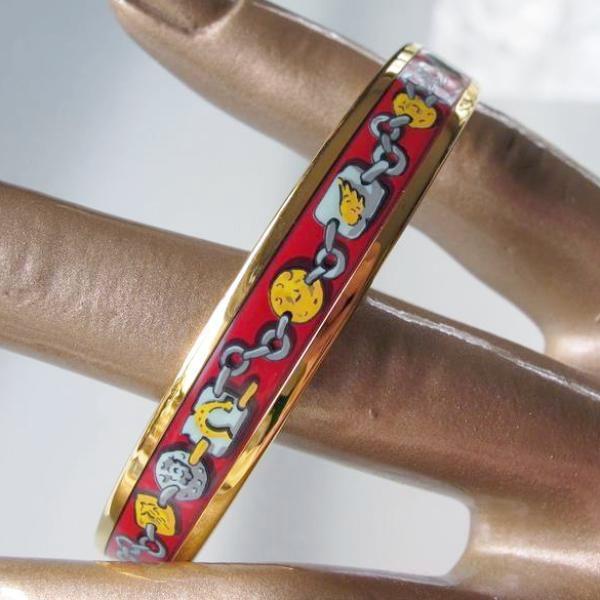 Hermes Red Gold Links Printed Enamel & Gold Trim Bangle Bracelet, NIB! - poupishop