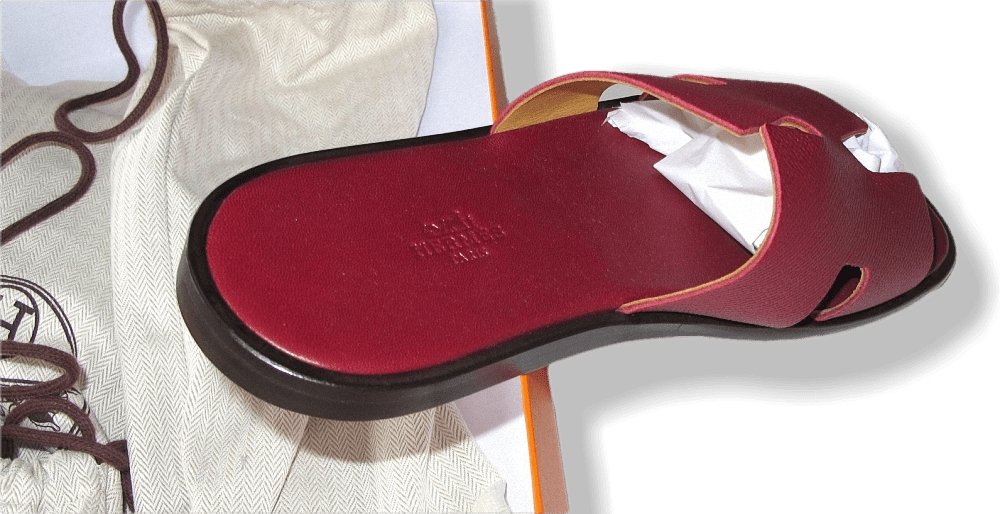 Hermes Red H Epsom Calfskin Leather IZMIR Men Sandals Flat Shoes, Sz41, NIB! - poupishop