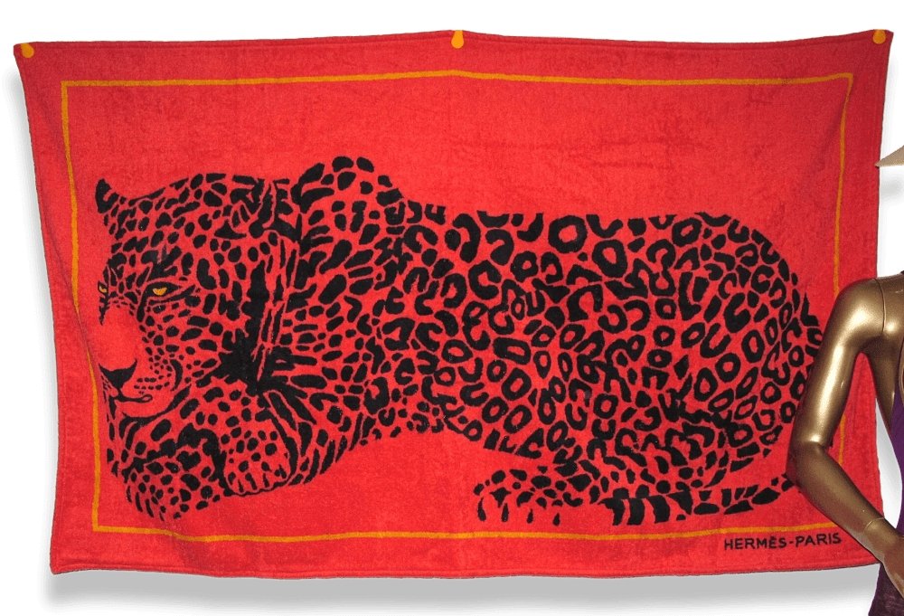 Hermes Red Orange CHEETAH Tapis de Plage Terry Beach Towel, XL 150 x 90cm cm, BNEW! - poupishop