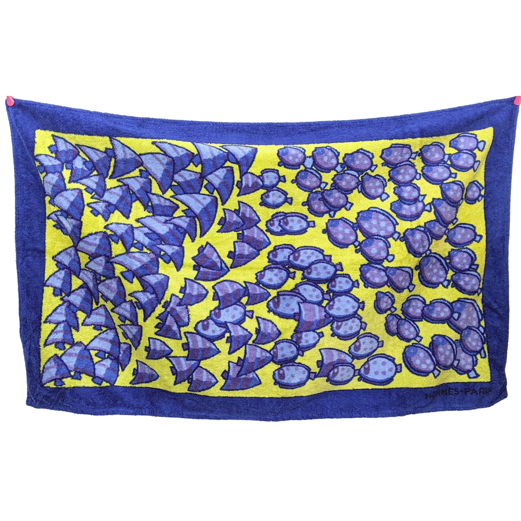 Hermes Vintage Marine/Anis/Blanc Cotton Terry "Rencontre Oceane" Fish Beach Towel 90 x 150 cm