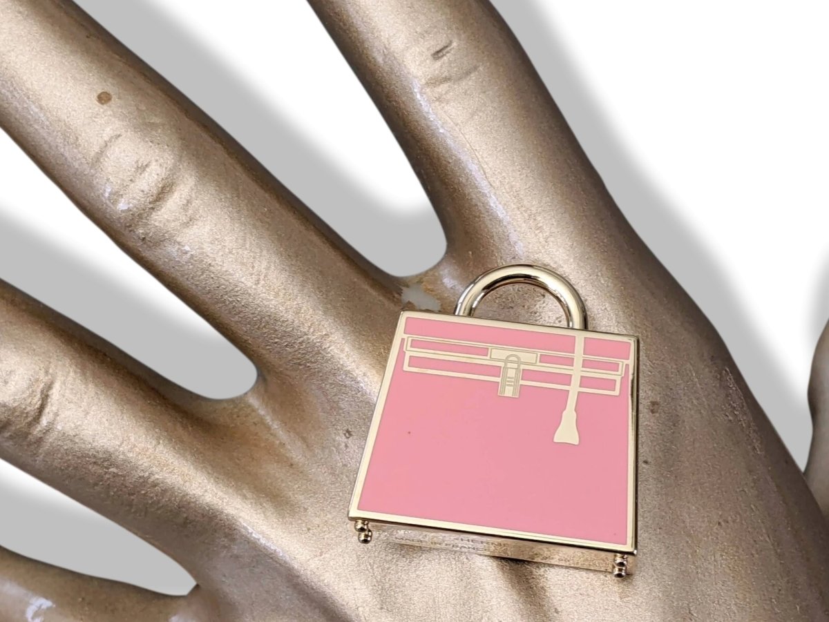 Hermes Rose Azalee Enamel/Permabrass "Curiosite Kelly Bag" Curiosity Lacquer Amulette Pendant Charm, New in Pochette! - poupishop