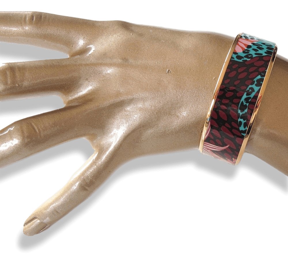 Hermes Rose Couture Enamel Gold Trim Jungle of Eden Wide Bangle Bracelet Sz S/M, New! - poupishop