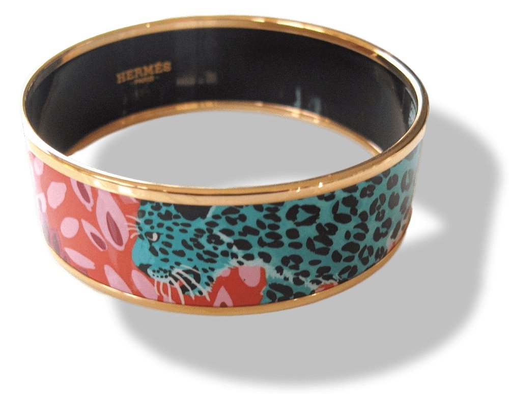 Hermes Rose Couture Enamel Gold Trim Jungle of Eden Wide Bangle Bracelet Sz S/M, New! - poupishop