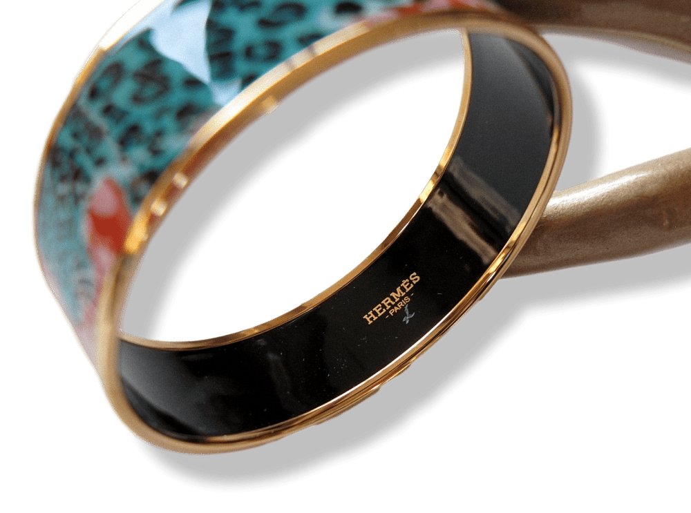 Hermes Rose Couture Enamel Gold Trim Jungle of Eden Wide Bangle Bracelet Sz S/M, New! - poupishop