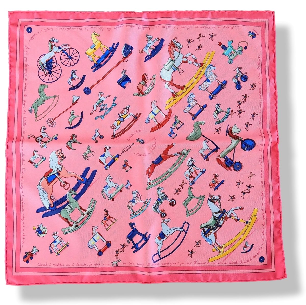 Hermes Rose Vif RACONTE-MOI LE CHEVAL Silk Pocket Square Gavroche Twill 45 x 45 cm - poupishop