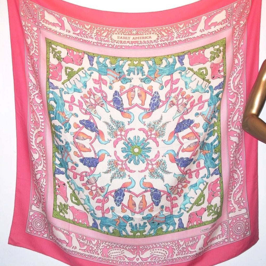 Hermes Rose/Turquoise/White/Emerald Early America Cashmere Shawl 140 - poupishop
