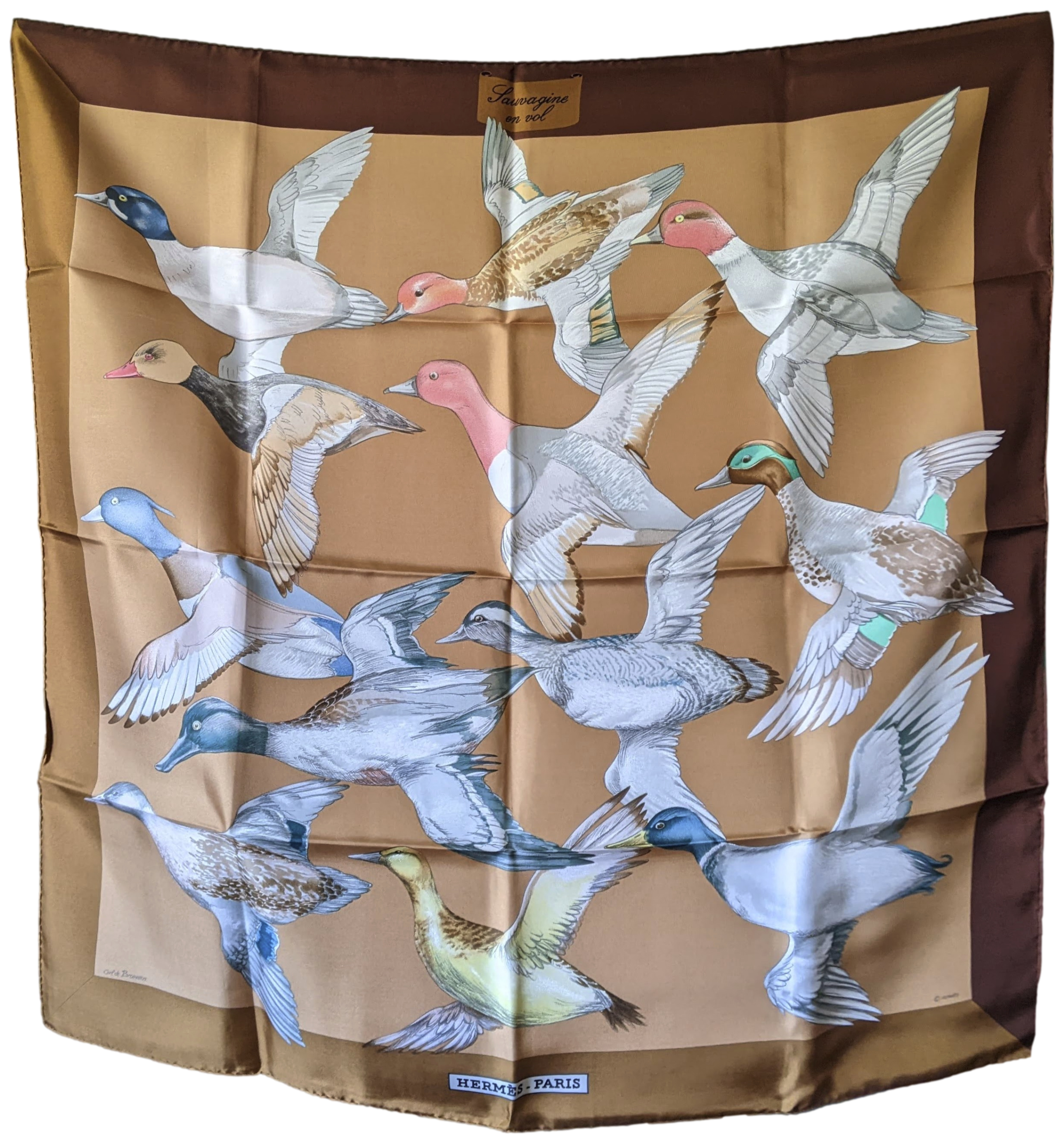 Produits Hermes 1986 Occre "Sauvagine en Vol" Twill Silk Scarf 90 x 90 cm