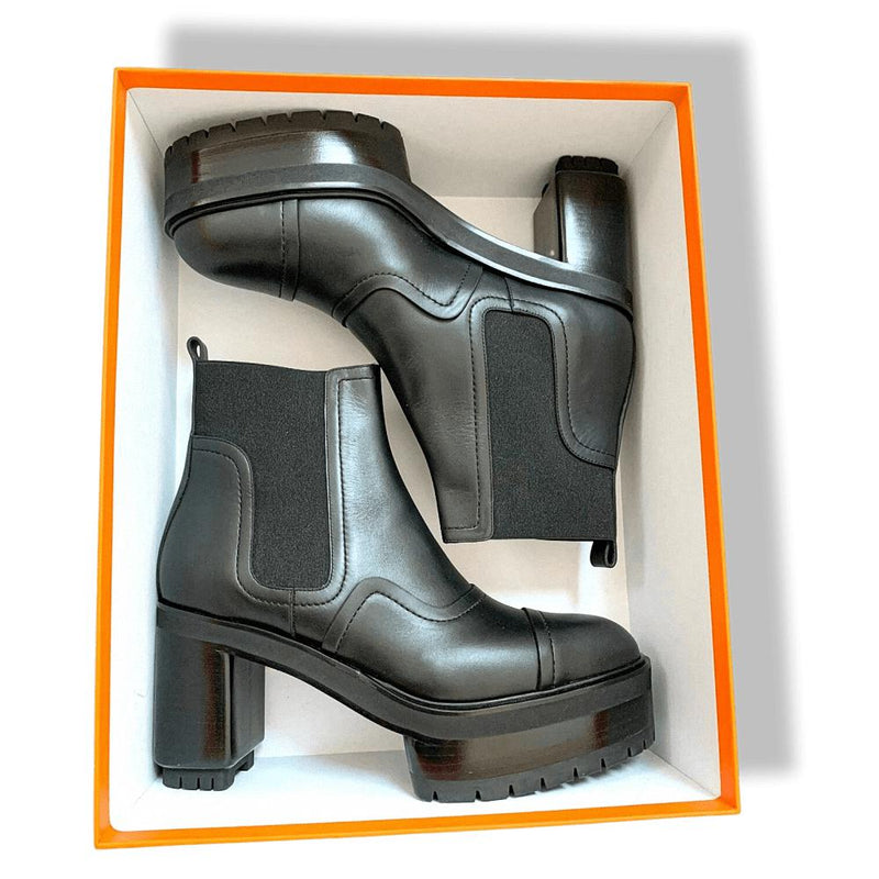 Hermes [SH01] Black Calfskin Leather PUNCHY BOTTINES VEAU Women Shoes, Sz 40, New! - poupishop
