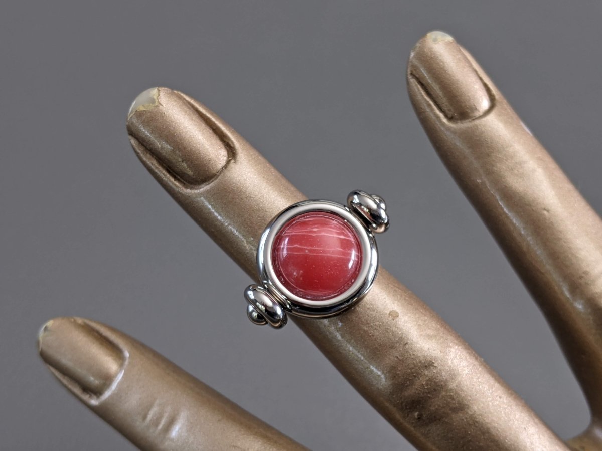 Hermes Shiny Palladium Movable Ring with a Marbled Red Poured Glass Stone Sz 54, New! - poupishop