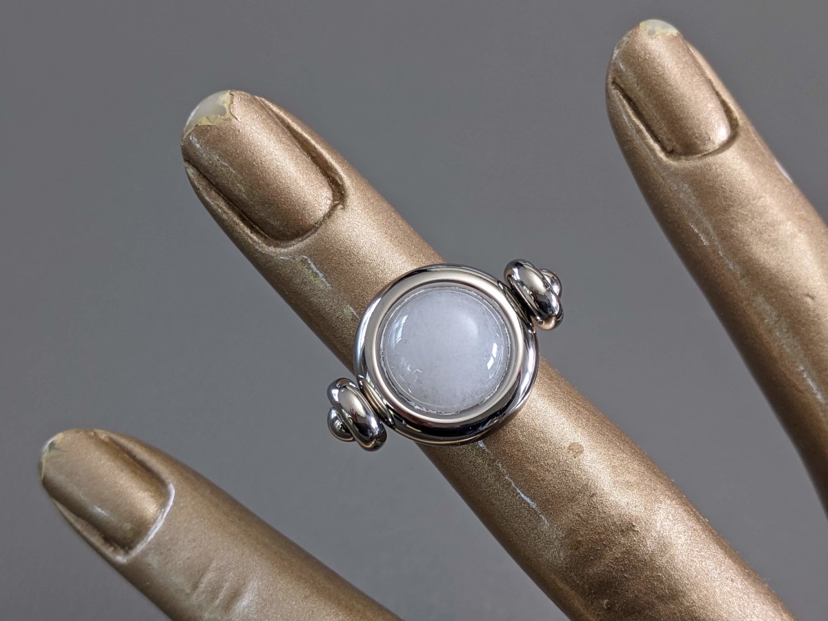 Hermes Shiny Palladium Movable Ring with a Milky White Poured Glass Stone, New! - poupishop
