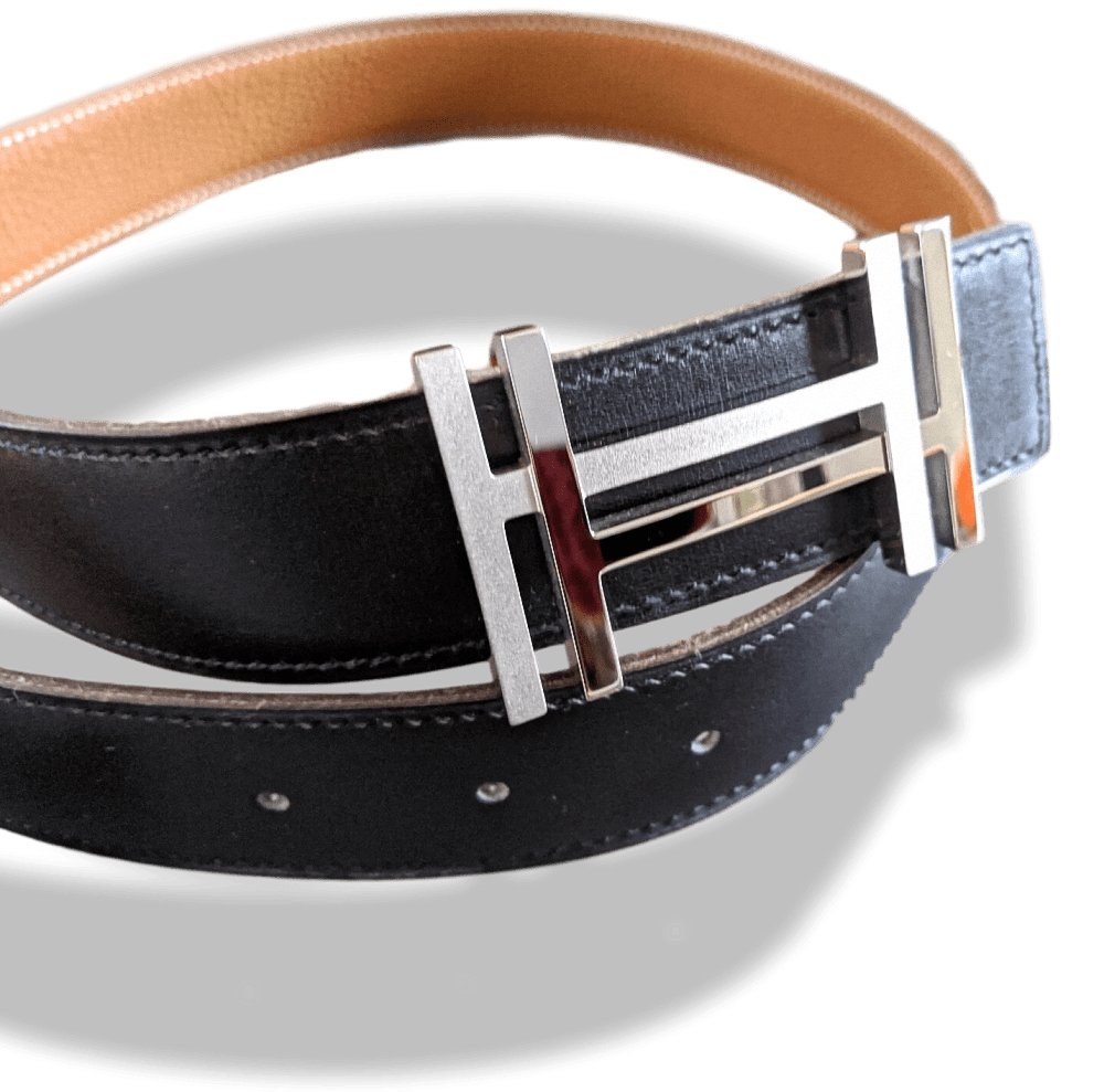 Hermes Shiny/Matt Silver H AU CARRE 32 mm Belt Buckle, Orange Pochette! - poupishop