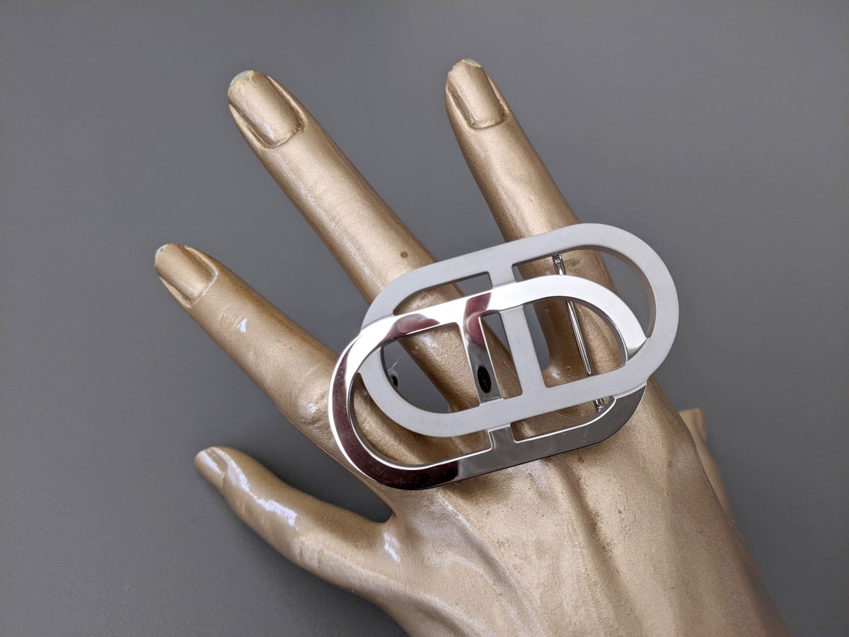 Hermes Silver Mat and Brilliant DOUBLE CHAINE D'ANCRE Belt Buckle 32 mm, RARE New with Pouch! - poupishop