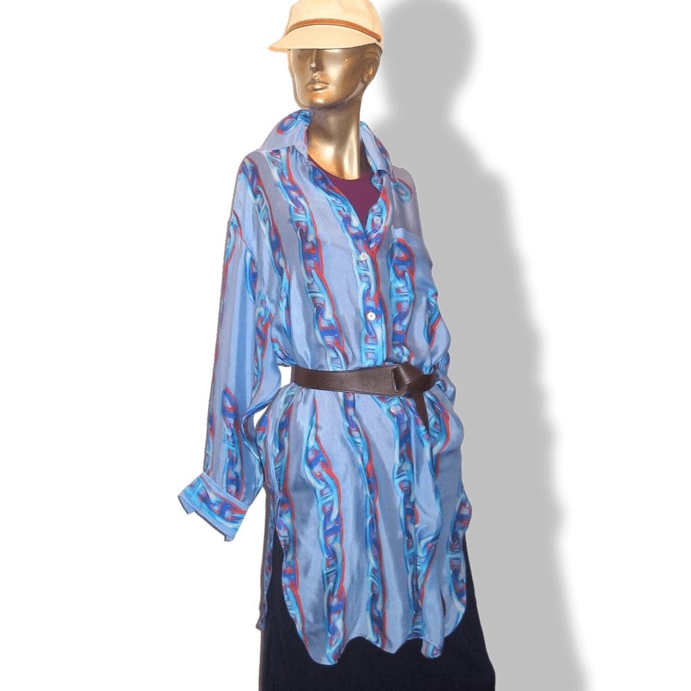 Hermes Sky Blue MAILLE D'ANCRE 100% Silk Long Tunic Shirt Dress, Sz42, Rare! - poupishop