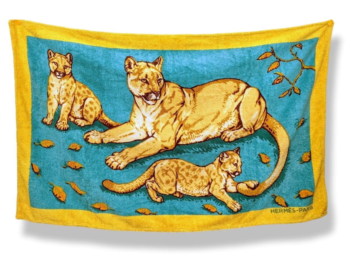 Hermes Soleil/Turquoise/Orange LIONNE & LIONCEAUX Lioness and Cubs Tapis de Plage Terry Beach Towel 150 x 90cm cm, Rare! - poupishop