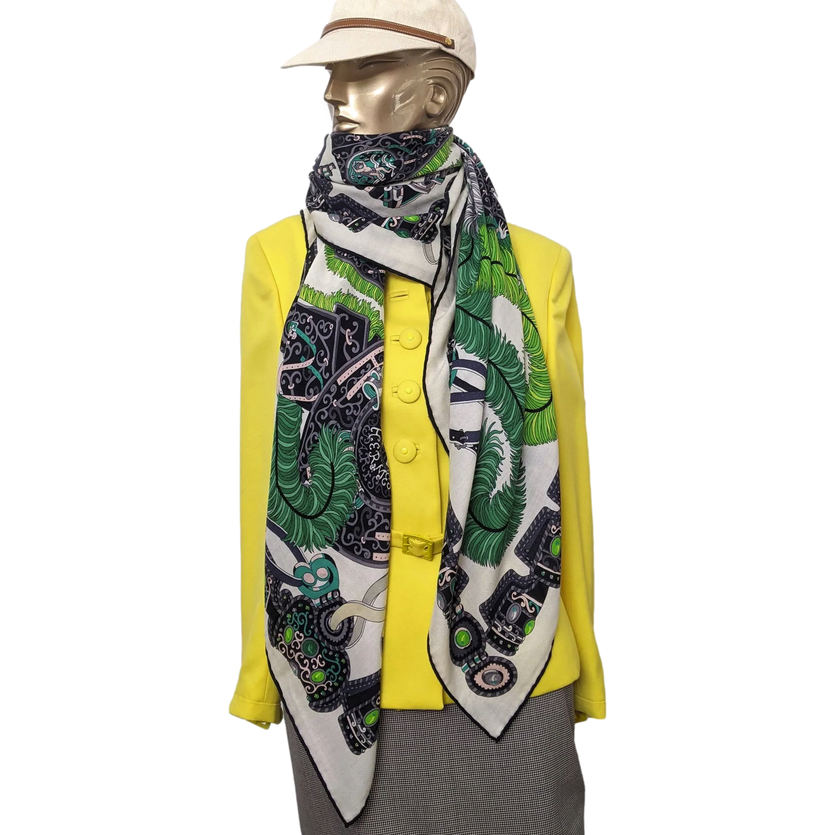 Hermes 2014 Blanc/Vert "Sous l'Egide de Mars" by Pierre Marie Cashmere Shawl 140