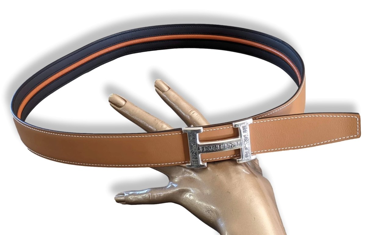 Hermes Special Black Matt with Orange Liseret/Gold Calfskin Reversible Leather Strap for Belt 32mm Sz95, RARE in Box! - poupishop