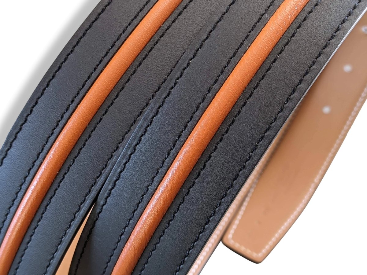 Hermes Special Black Matt with Orange Liseret/Gold Calfskin Reversible Leather Strap for Belt 32mm Sz95, RARE in Box! - poupishop