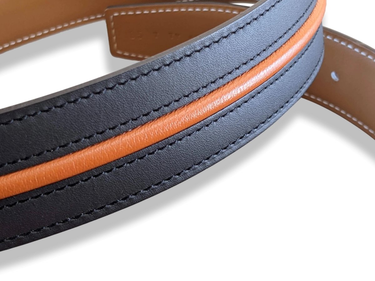 Hermes Special Black Matt with Orange Liseret/Gold Calfskin Reversible Leather Strap for Belt 32mm Sz95, RARE in Box! - poupishop
