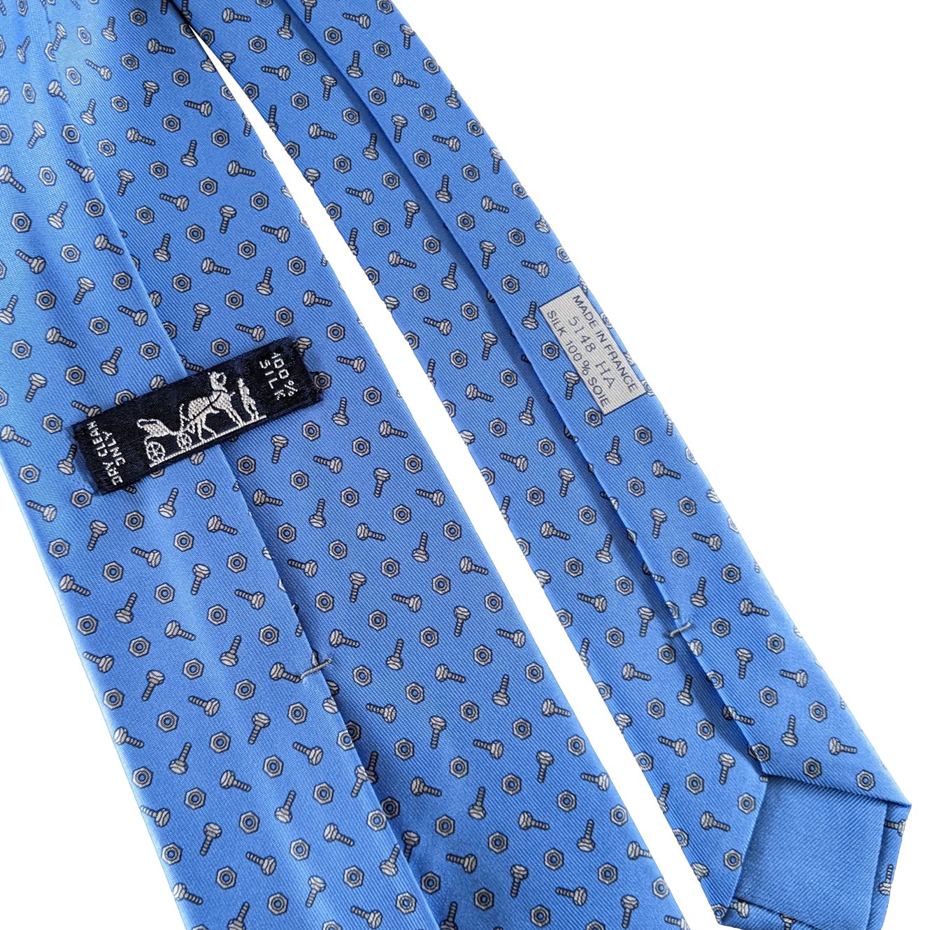 Hermes Bleu Pilote/Gris Special Ltd. Issue for Berrang Industrial "Screews" Twill Silk Tie 9 cm