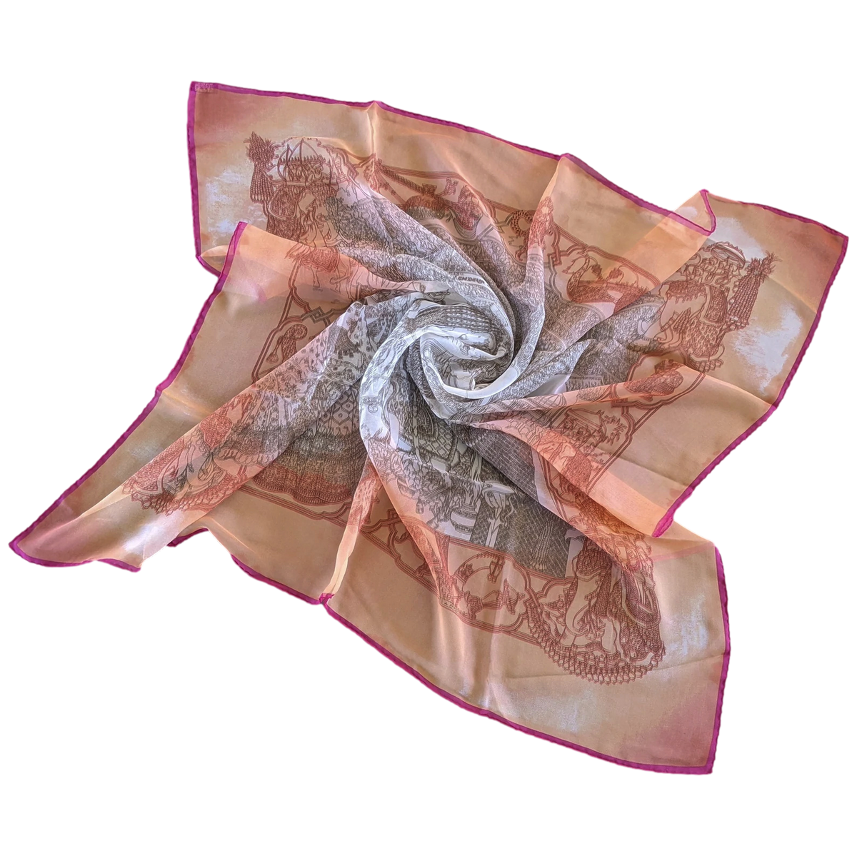 Hermes 2000s Orange/Rose "Splendeur des Maharajas" Old Parchment Paper Effect Chiffon Mousseline 90 cm
