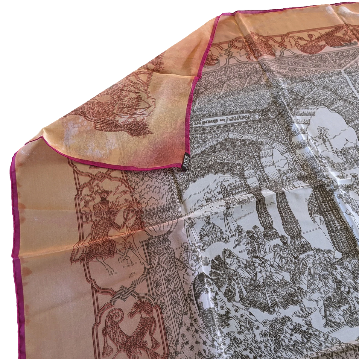 Hermes 2000s Orange/Rose "Splendeur des Maharajas" Old Parchment Paper Effect Chiffon Mousseline 90 cm