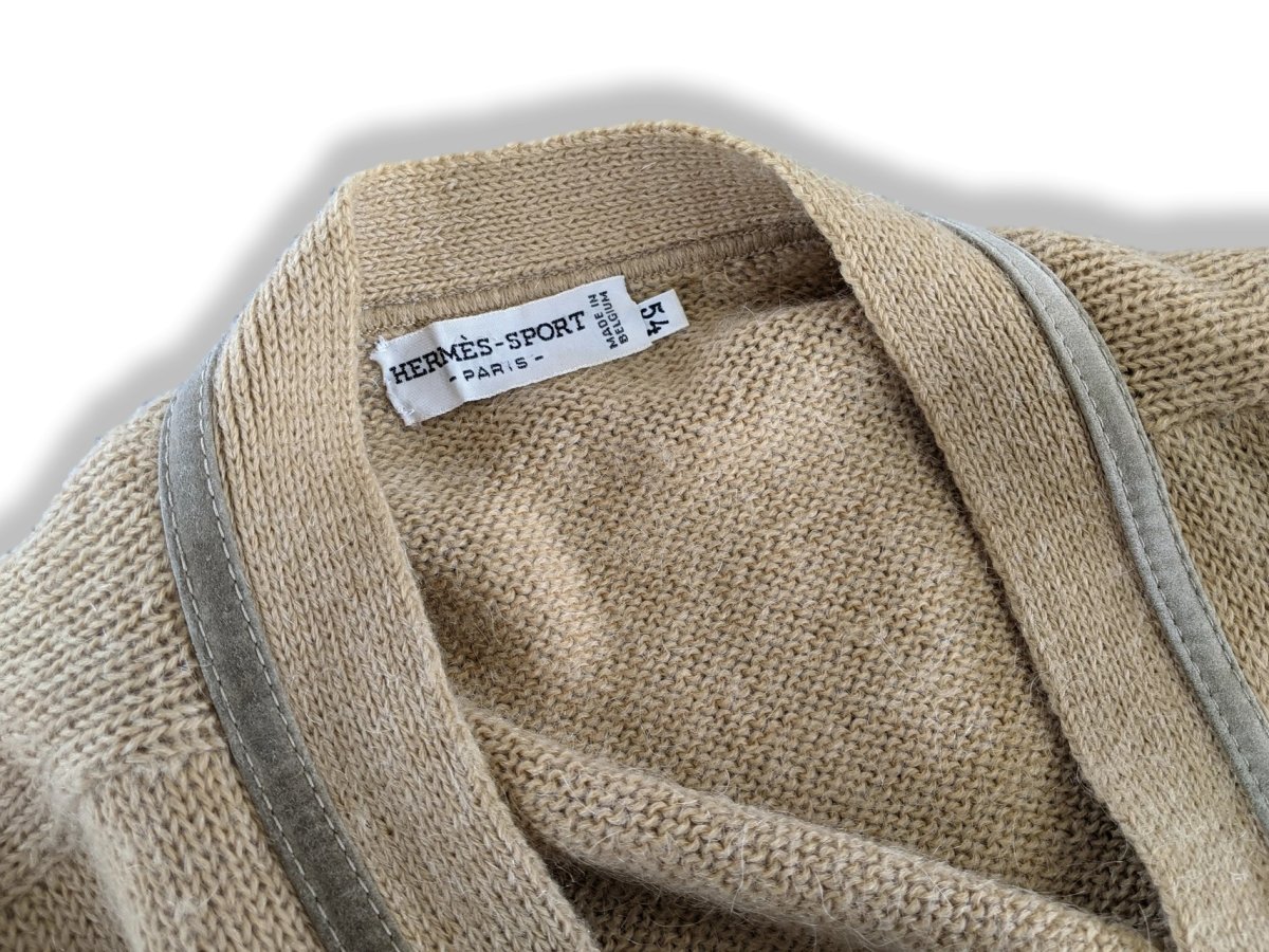 Hermes Sport Men's Beige Mohair/Alpaga/Acrylic/Suede V-Neck Cardigan Sz 54, Pur luxe! - poupishop