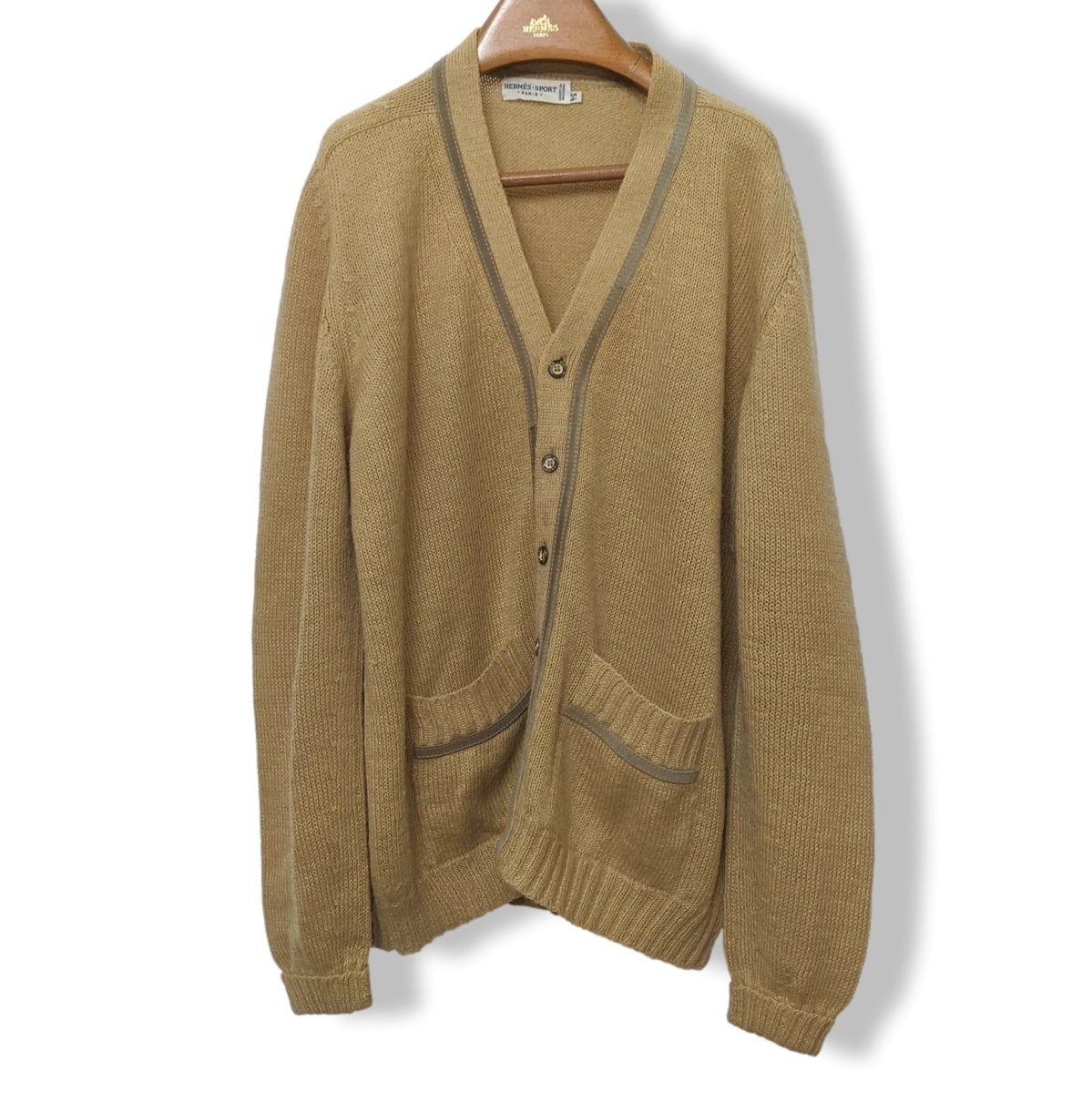 Hermes Sport Men's Beige Mohair/Alpaga/Acrylic/Suede V-Neck Cardigan Sz 54, Pur luxe! - poupishop