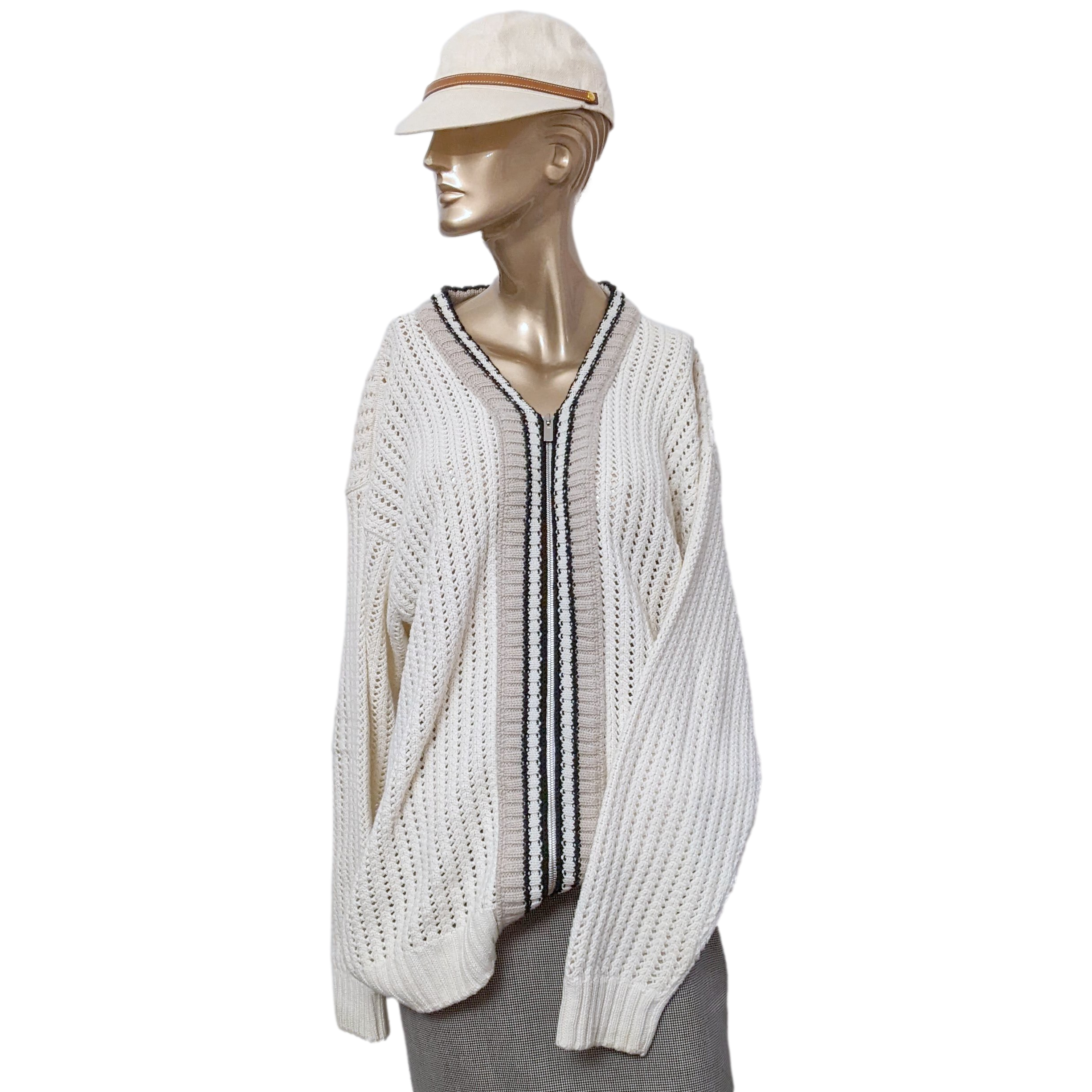 Hermes Men's Blanc/Noir/Beige Cashmere/Cotton Tennis Long-Sleeve V-Neck Cardigan SzXL