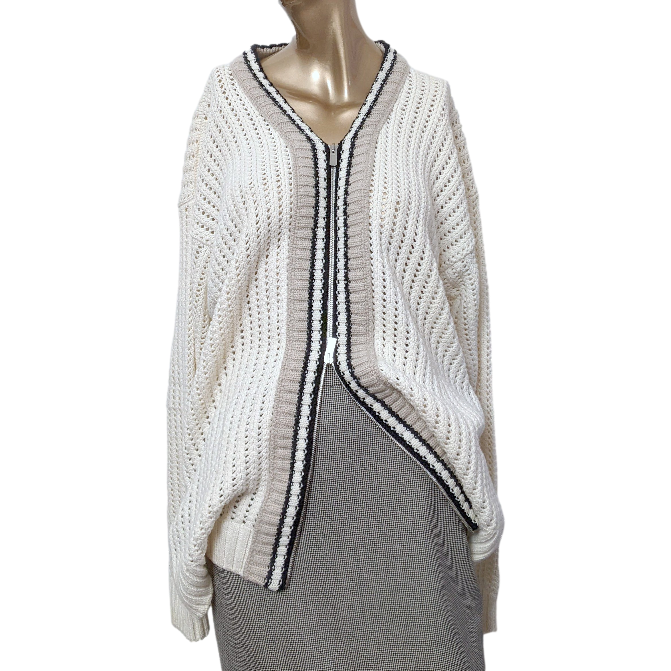 Hermes Men's Blanc/Noir/Beige Cashmere/Cotton Tennis Long-Sleeve V-Neck Cardigan SzXL
